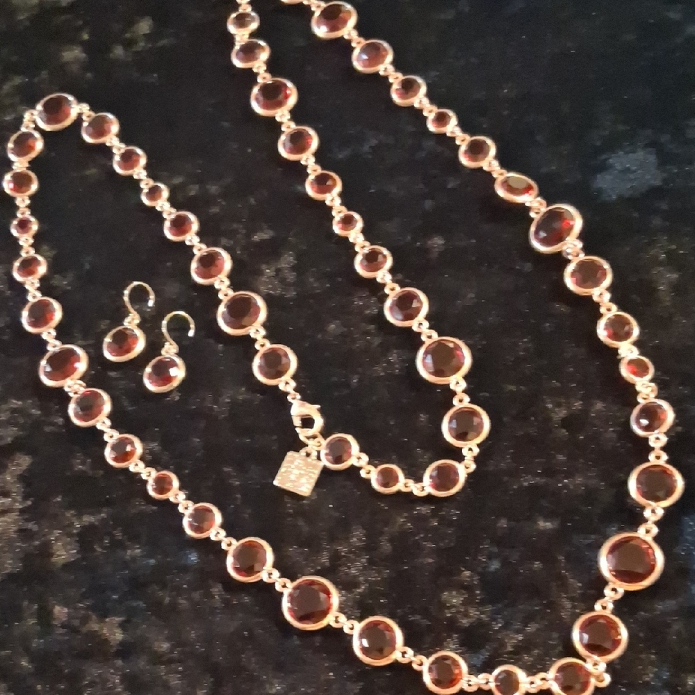 Anne Klein Gold and Red Crystal long  Necklace Set. - Picture 4 of 6